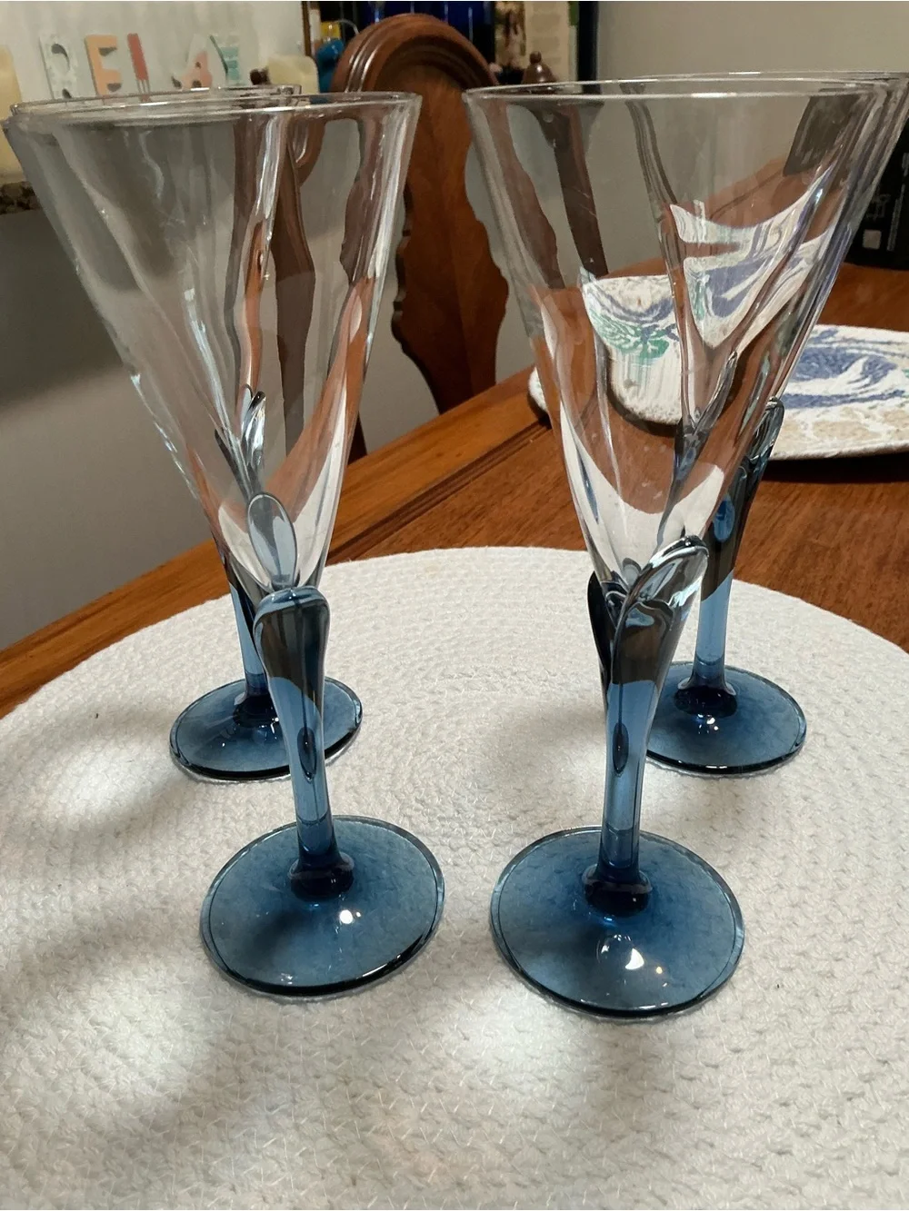 Blue Stem Wine Glasses with Twisted Stems - Set of 4